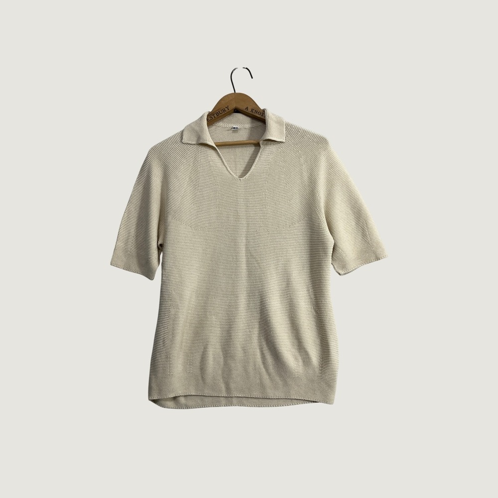 Uniqlo Unisex Medium Cream Textured Knit Linen Blend V-Neck Polo Shirt 445196